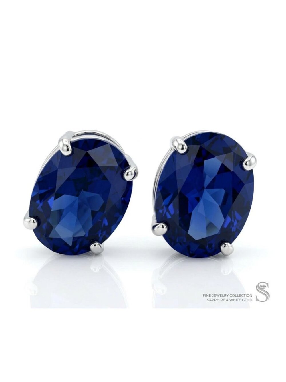 Genuine 3.42 Cts Blue Sapphire Stud Earrings 14k White Gold